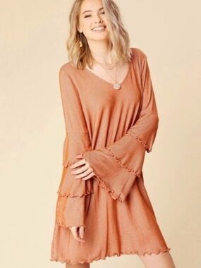 Altar'd State Rust Orange and White V-Neck Ruffle Tiered Bell Sleeve Dress